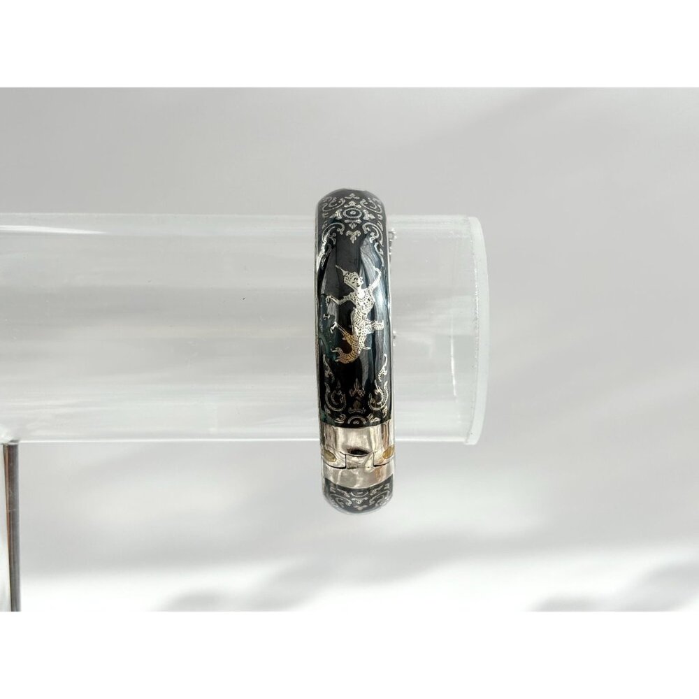 Siam Sterling Silver 925 Hand Carved Hinged Enclosure Vintage Bangle Bracelet - Picture 11 of 16